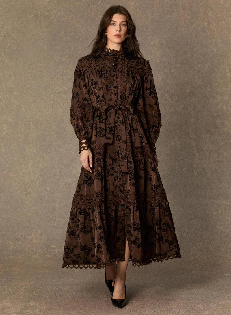سنفير Romantic Vintage Brown Floral Print Lace Trim Midi Dress